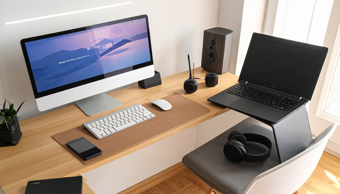 A clean and modern desk setup showing the ultimate workspace with gadgets for productivity.