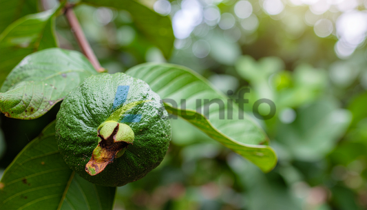Close-up of Green Guava on Tree Branch